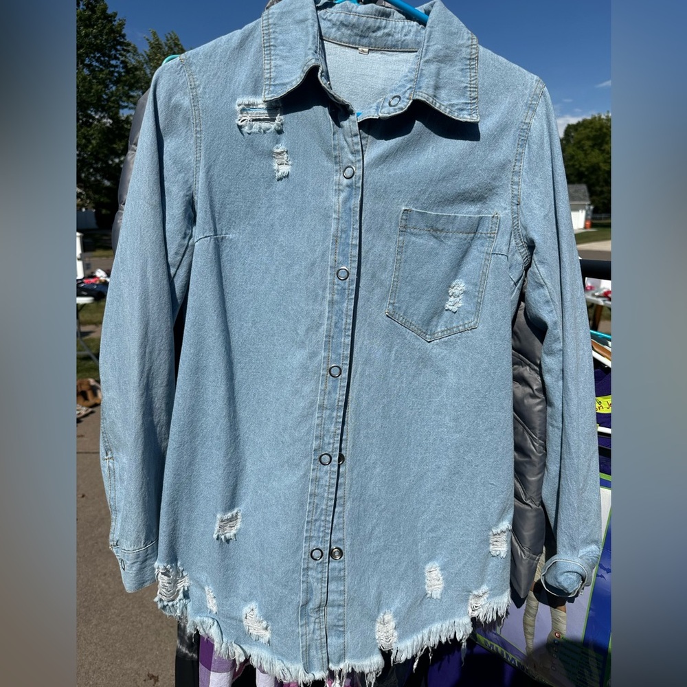 Distressed Denim Button-Up Shirt